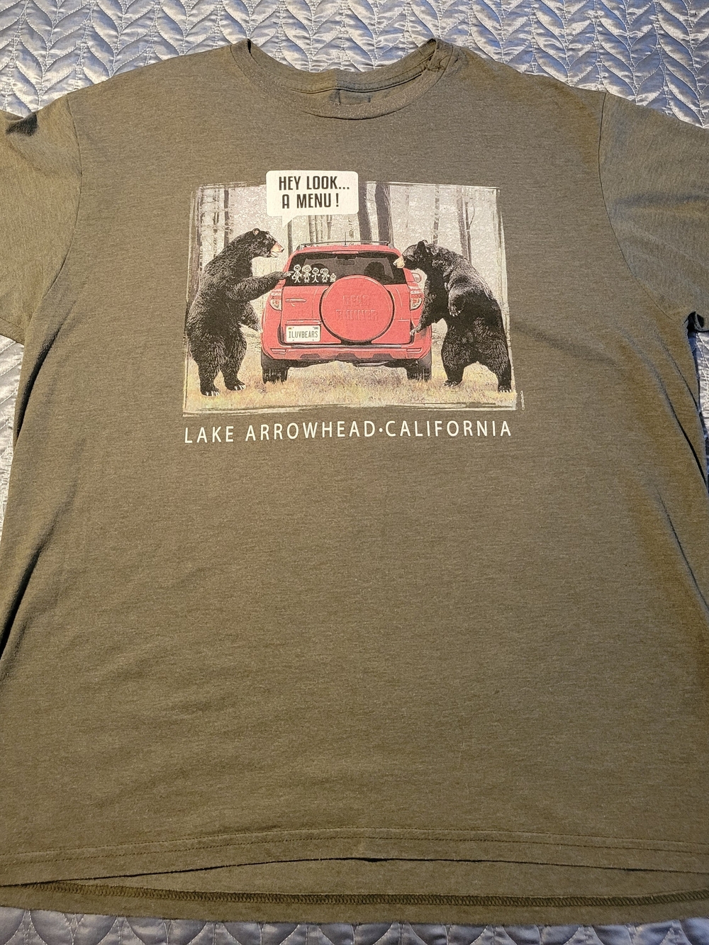 Source Unknown Olive Graphic Tee with Bear and Red SUV. $12